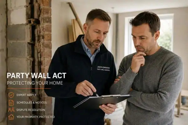 Party wall surveyor Chester discussing extension plans with homeowner outside a UK semi-detached house.